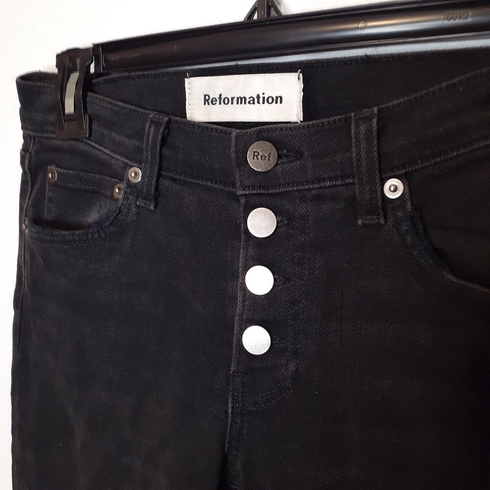 Reformation Gainsbourg Black Button Fly Raw Hem High Rise Skinny Jeans SZ 23 - Picture 3 of 8